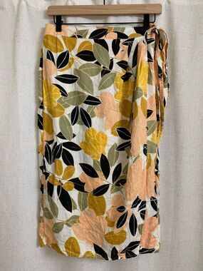 Rachel Zoe 100% Linen Leaf Print Wrap Skirt Yellow Peach Black Midi Small